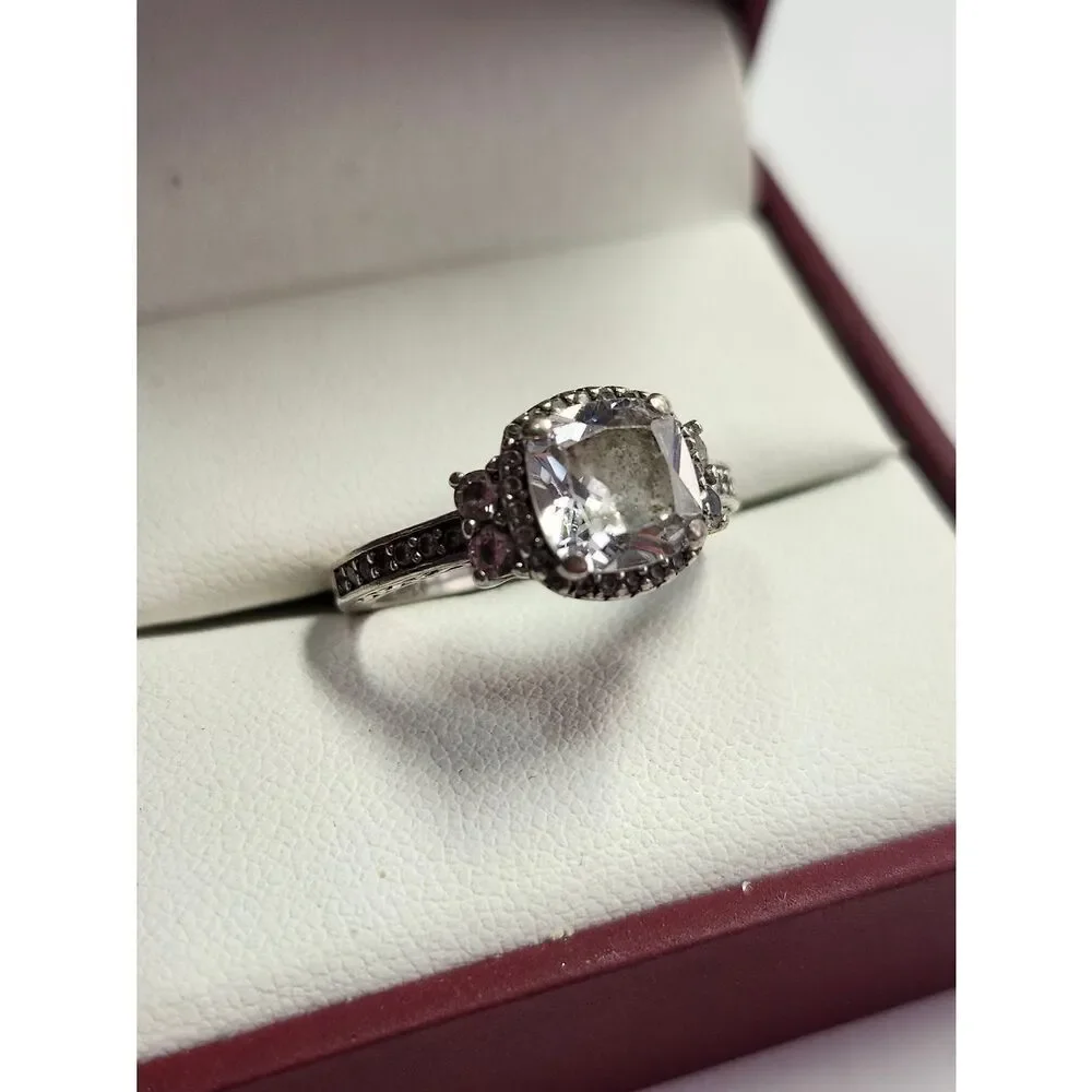 Sterling Silver Halo Cushion-Cut Clear Crystal Ring with Clear Accent Stones